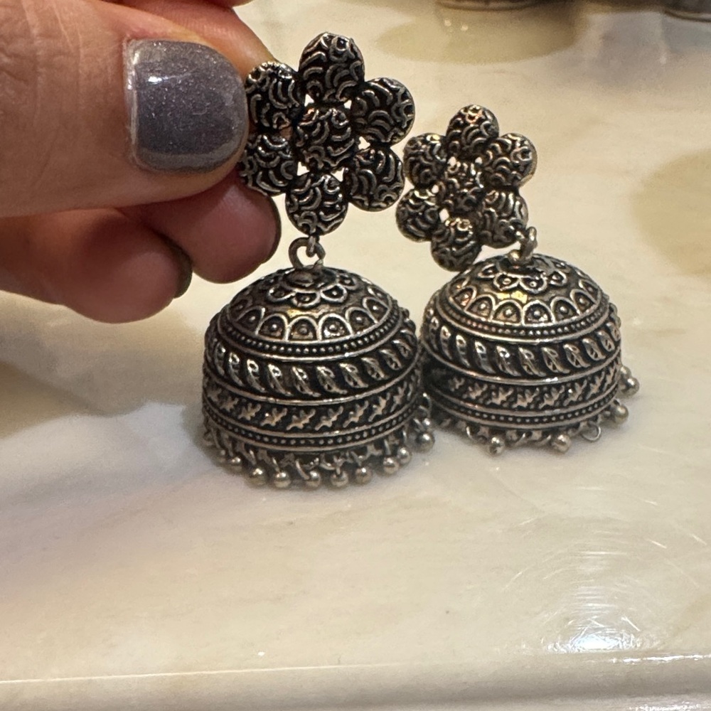 Silver Floral Jhumka Earrings
